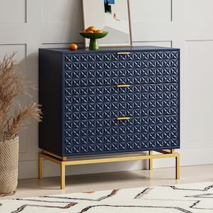 Vico Navy Mid-century 31 in. Tall 3 Drawer Storage Cabinet Set with Embossed Pattern with a Metal Base