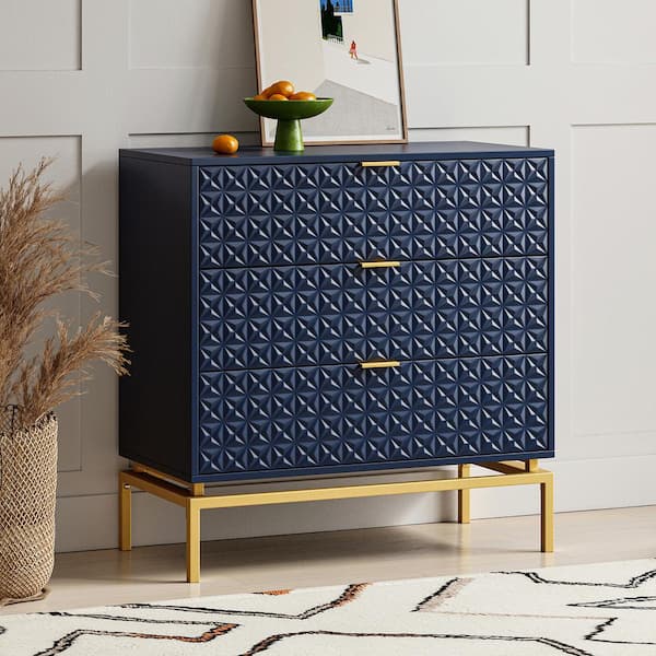 JAYDEN CREATION Vico Mid-century Navy 31 in. Tall Embossed Pattern 3 Drawer Storage Cabinet Set with a Metal Base