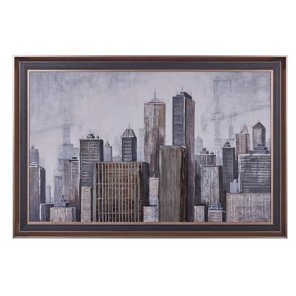 Litton Lane 1- Panel City Buildings Framed Wall Art with Brown Frame 40 in. x 59 in.