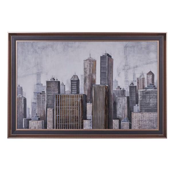 Litton Lane 1- Panel City Buildings Framed Wall Art with Brown Frame 40 in. x 59 in.