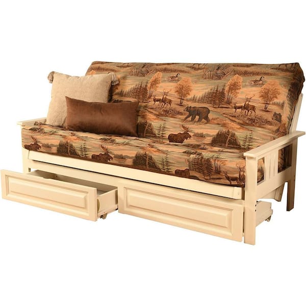 79 in. Antique White/Canadian Polyester Upholstered Full Size Futon Set with Mattress and Storage Drawers
