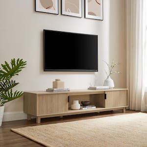 70 in. Coastal Oak Wood Mid-Century Modern TV Stand with 2 Reeded Doors Fits TVs up to 80 in.