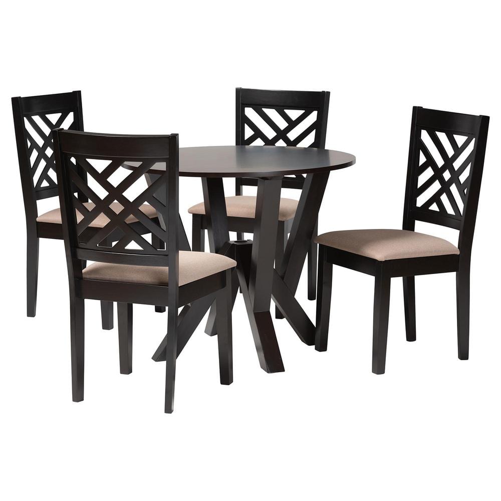 Elise Round Espresso Wood Dining Set with Beige Fabric Seats, 5-Piece