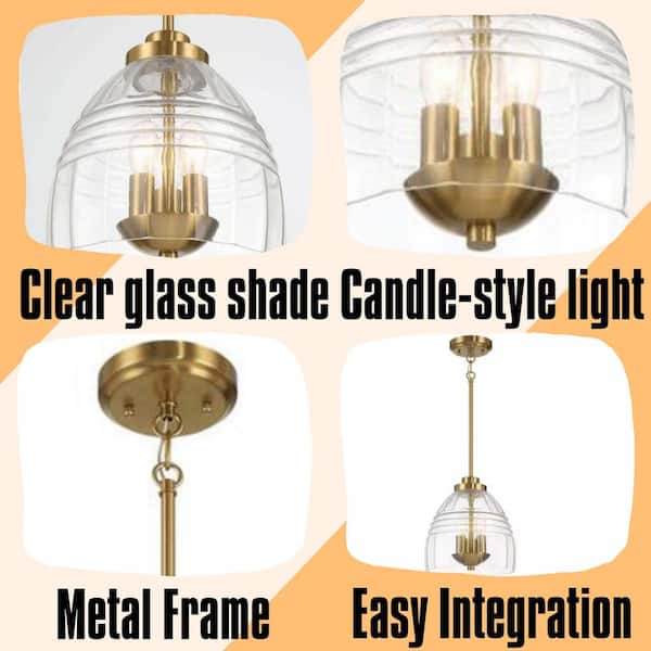 Modern Gold 60-Watt 3-Light Satin Brass Candle Pendant Light with Clear Glass Shade(No Bulbs)
