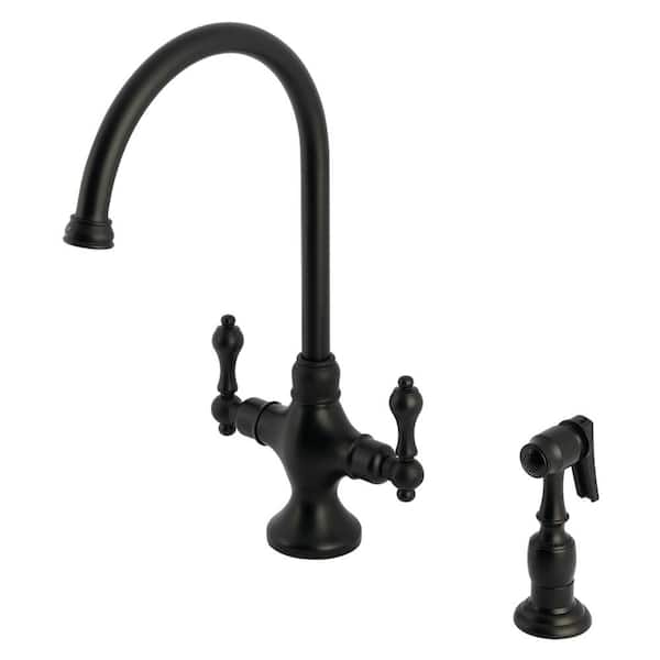 Kingston Brass Vintage Deck Mount Double Handle Single-Hole Standard Kitchen Faucet with Sprayer in Matte Black