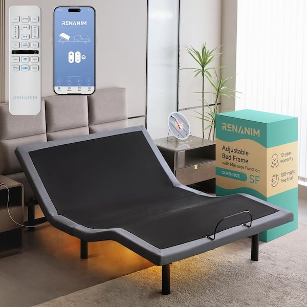 Renanim Gray Full Adjustable Bed Frame, Massage, Wireless Remote/APP, USB Ports, Under-Bed Light, Head/Foot Incline