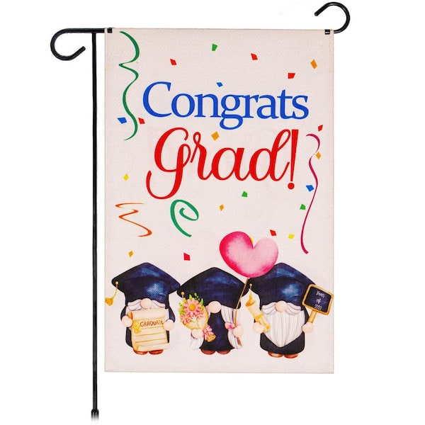 G128 1 ft. x 1.5 ft. Polyester Congrats Grad 3 Gnomes Graduating 2-Sided Garden Flag Printed Blockout