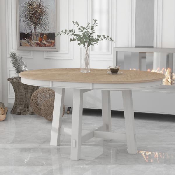 Zeus & Ruta 58 in. x 42 in. x 30 in. Round Extendable Dining Table in Antique White with 16 in. Leaf Wood for Farmhouse Dining Room