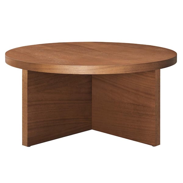 MODWAY Silas 35.5 in. Walnut Round Wood Coffee Table with X shape base