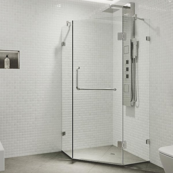 VIGO Piedmont 34 in. L x 34 in. W x 73 in. H Frameless Pivot Neo-angle Shower Enclosure in Chrome with 3/8 in. Clear Glass