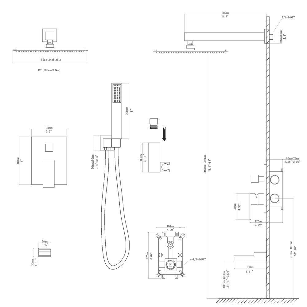 Brushed Nickel Square Rain Shower Head with Handheld System
