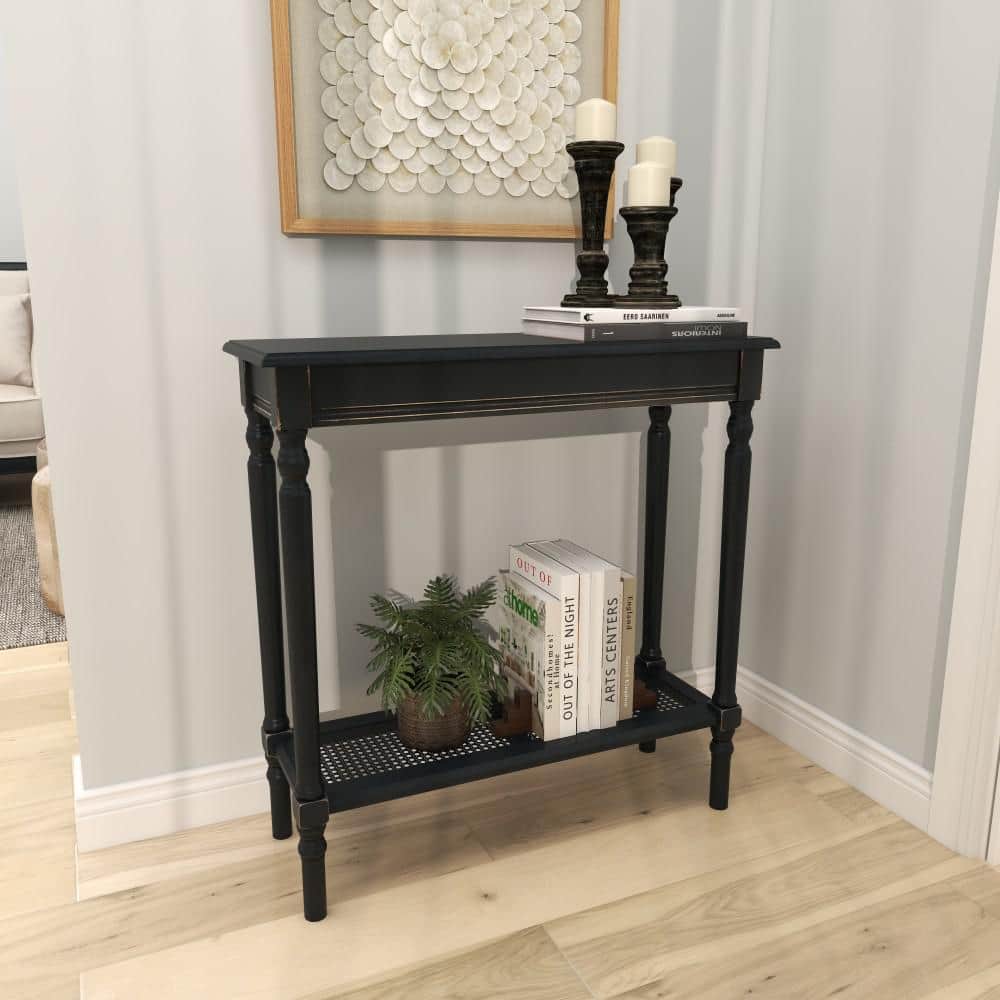 Black Wood Console Table with Glass Shelf and Storage