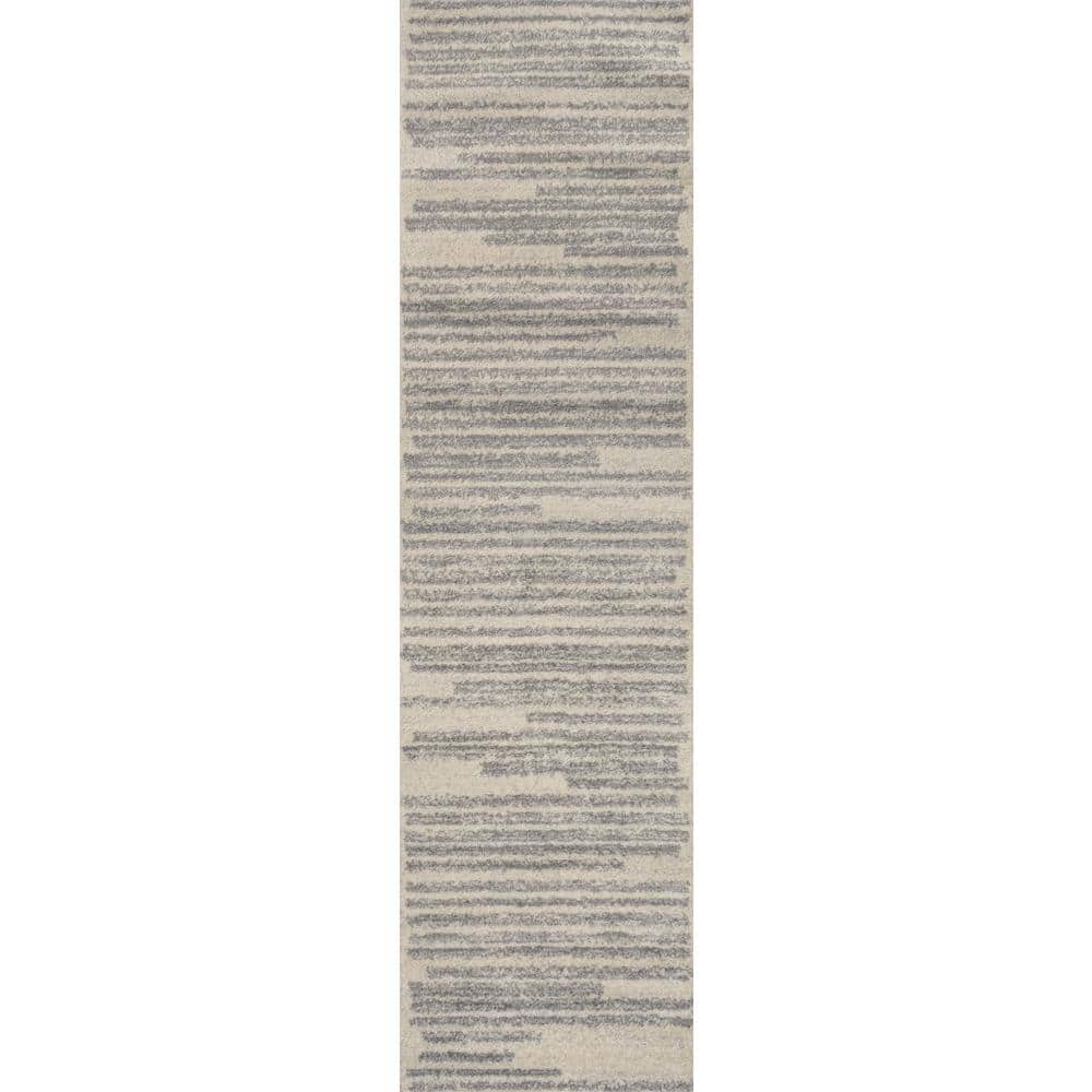 Khalil Cream and Gray Striped Synthetic Runner Rug 2'-2" X 8'