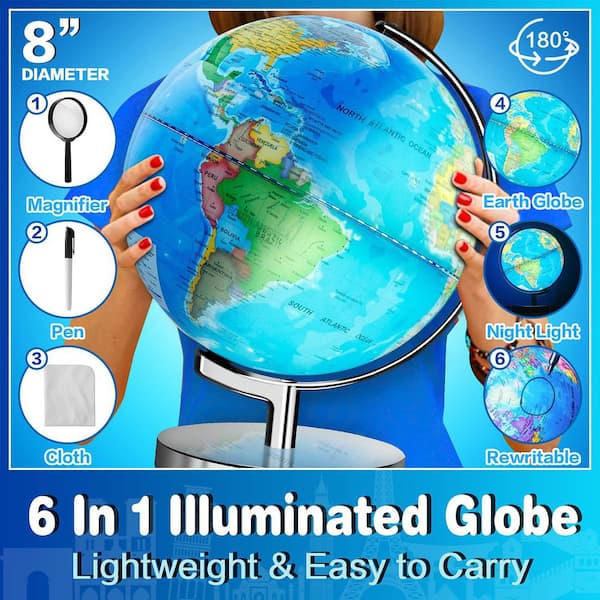 Angel Sar 12 in. x 8 in. Illuminated World Globe for Kids and