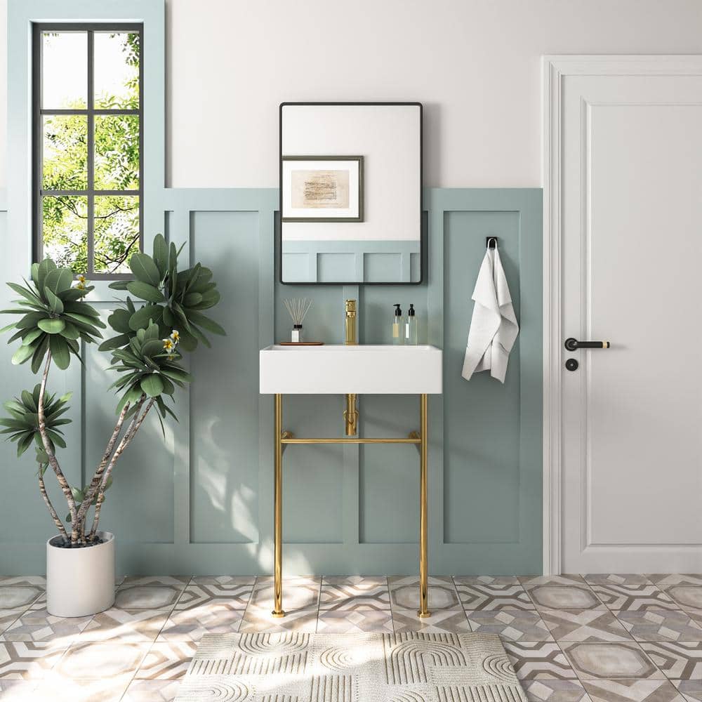 White Ceramic Rectangular Console Sink with Gold Legs
