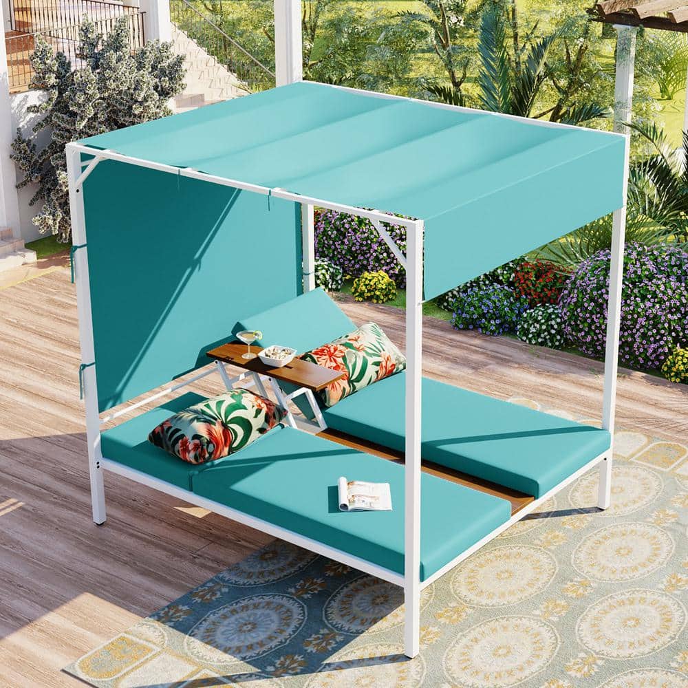 Metal Outdoor Patio Sunbed Day Bed with Blue Cushions and Adjustable Seats,
