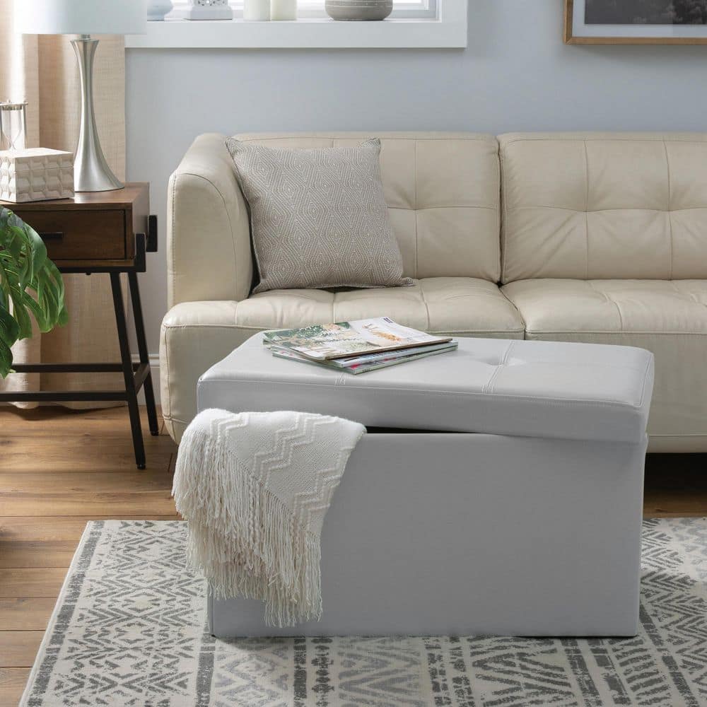 Classic Gray Faux Leather Folding Storage Ottoman Bench