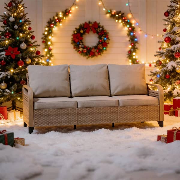 Brown 1-Piece Wicker Rattan Outdoor Patio Sectional Set 3-Seat Sofa with Gray Cushions