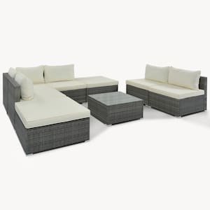 Gray 8-Piece Wicker Patio Conversation Set with Beige Cushions and Coffee Table for Garden, Backyard and Pond