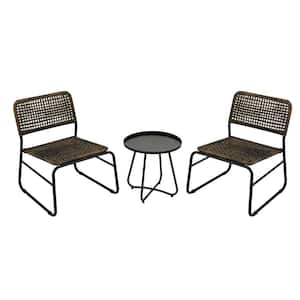 Black and Brown Mixture Outdoor Dining Chair Set of 3-Pattern PE Rattan Steel Frame Garden Wicker And Modern Round Table