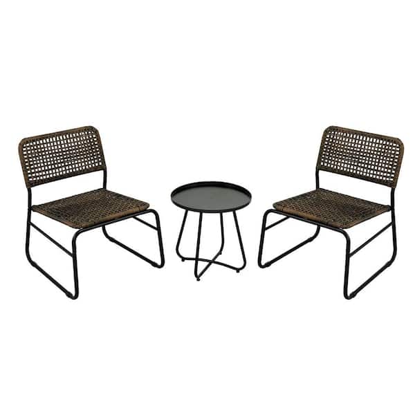 ITOPFOX Black and Brown Mixture Outdoor Dining Chair Set of 3-Pattern PE Rattan Steel Frame Garden Wicker And Modern Round Table