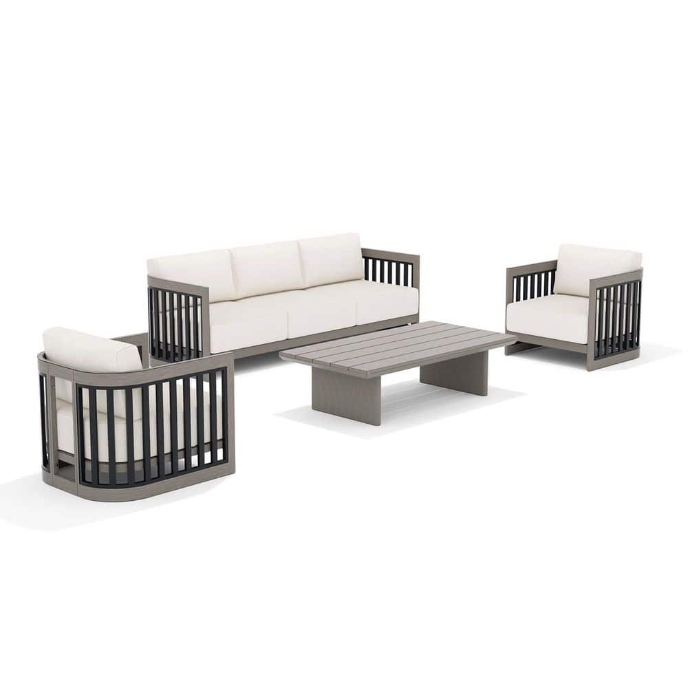 Sereno 4-piece gray aluminum outdoor conversation set with white cushions on a white background.