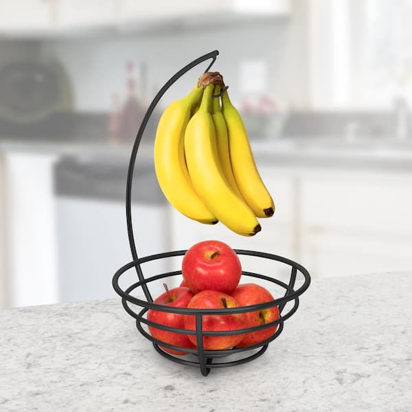 Spectrum Euro Small Fruit Tree & Basket, Produce Saver Banana Holder & Fruit Bowl for Kitchen Counter & Dining Table, Black