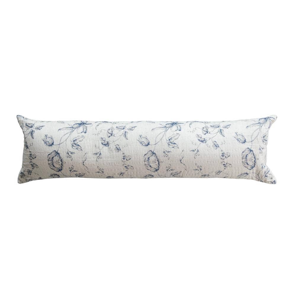 Blue Floral Patterned Cotton and Linen Lumbar Pillow