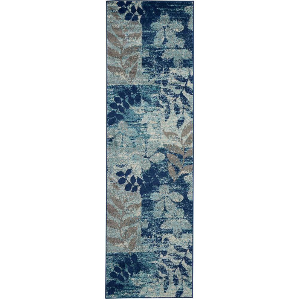 Navy and Light Blue Floral Synthetic Runner Rug