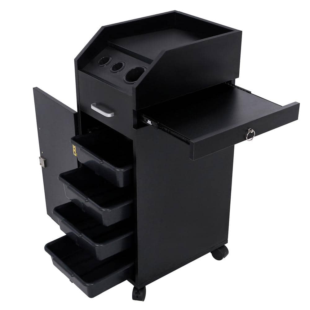 Black Wood Salon Trolley Storage Cart with Lockable Wheels