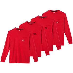 Men's Small Red Heavy-Duty Cotton/Polyester Long-Sleeve Pocket T-Shirt (4-Pack)