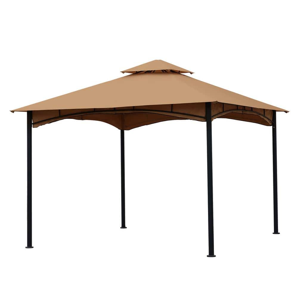 11 ft. x 11 ft. Brown Outdoor Patio Square Steel Gazebo Canopy with Double 