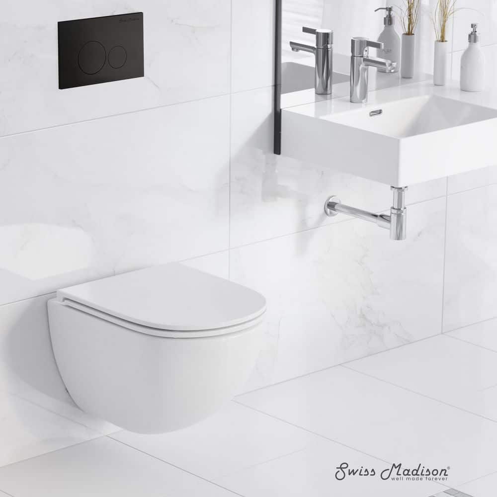 Glossy White Wall Mounted Round Dual Flush Toilet with Black Flush Plate