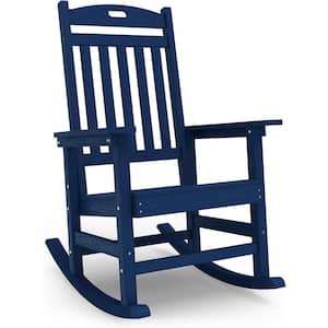 Dark Navy Plastic Patio Outdoor Rocking Chair, Fire Pit Adirondack Rocker Chair with High Backrest