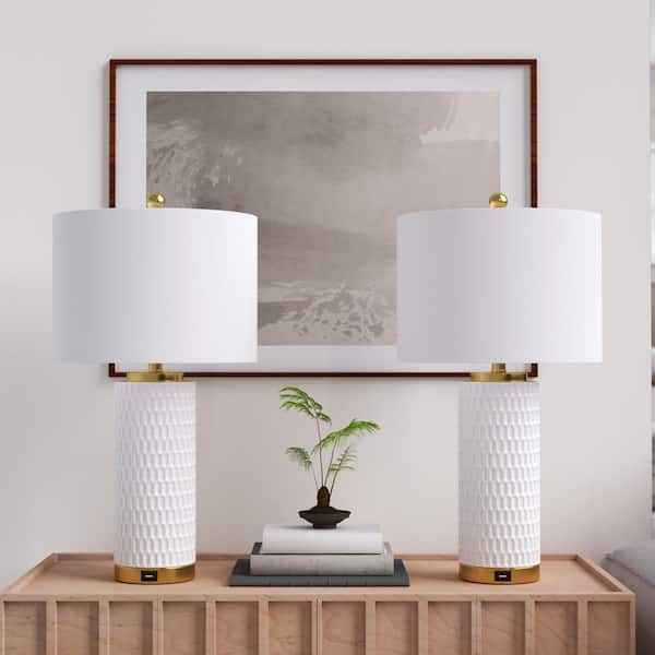 Maxax Sacramento 26-In White Table Lamp USB Port with White Linen Lampshade (2-Pack)