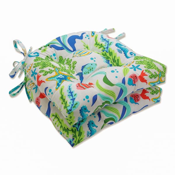 Pillow Perfect Tropical 16 in. x 15.5 in. Outdoor Dining Chair Cushion in Blue/Green/Multicolored (Set of 2)