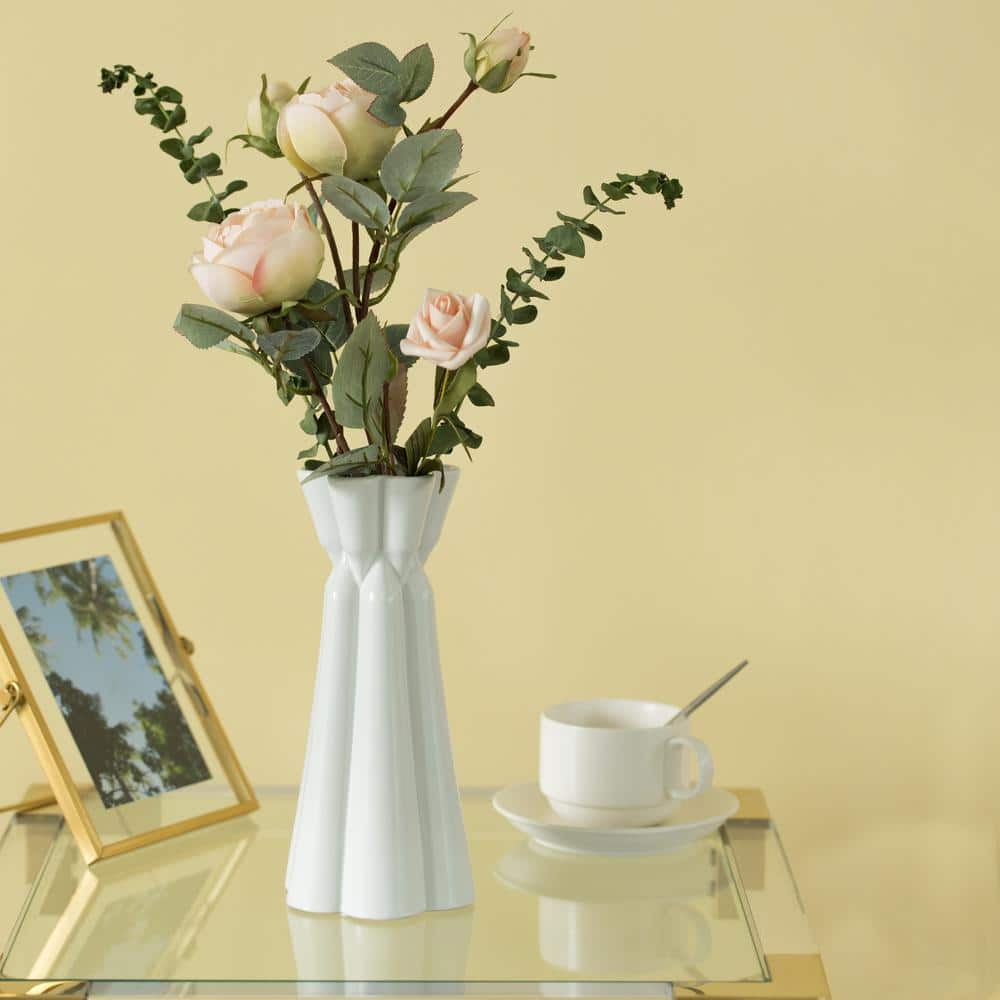 FABULAXE 9.5 in. H White Ceramic Modern Glazed Flower Shape Sculpture ...