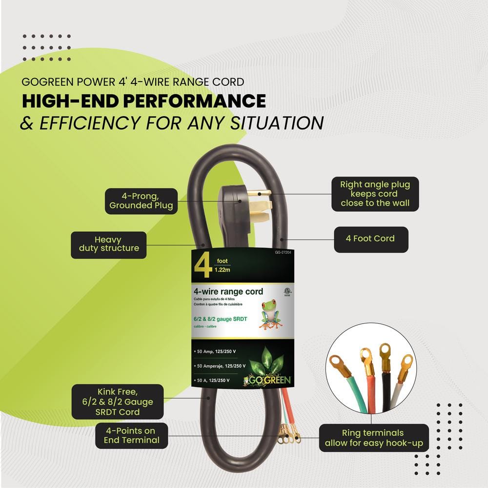 GoGreen 4-Foot Black 4-Wire Range Cord, 50 Amp