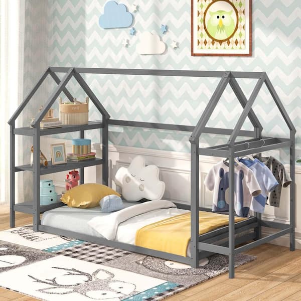 Gray Twin Size House Bed Montessori Floor Bed with Detachable Storage Shelves