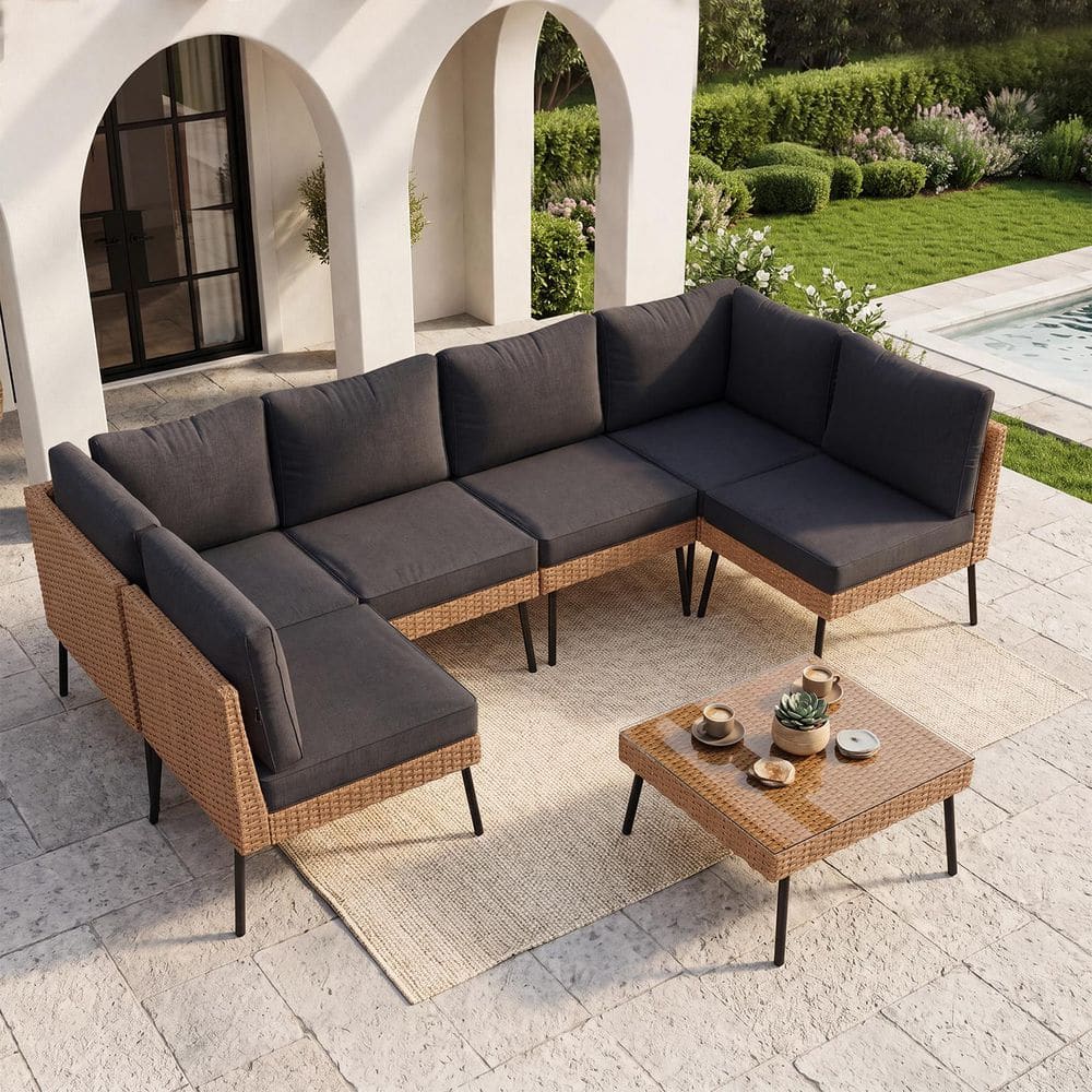 All Weather PE Rattan 7-Piece Modular Patio Sectional Set with Glass Top Coffee Table and Removable Black Cushions