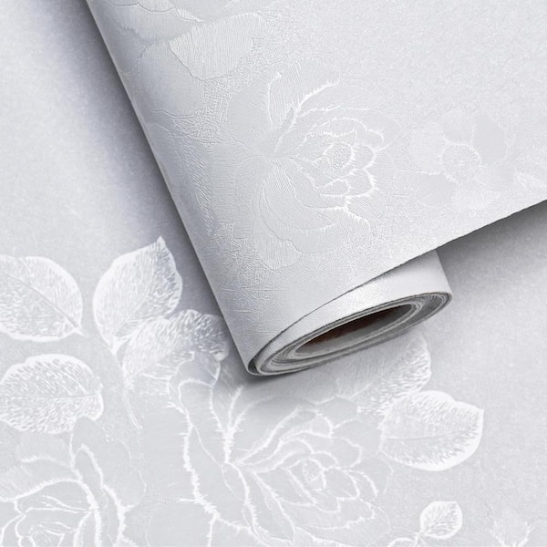 White Embossed Floral Textured Contact Paper Self-Adhesive Peel and Stick Wallpaper Roll