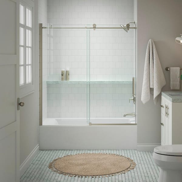 Cursiva 56-60 in. W x 62 in. H Sliding Frameless Bath Tub Door in Anodized Brushed Nickel