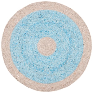 Braided Blue Beige Doormat 3 ft. x 3 ft. Abstract Striped Round Area Rug