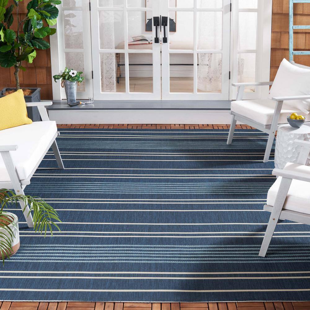 Navy and Blue Striped Rectangular Synthetic Indoor/Outdoor Rug, 8' x 11'