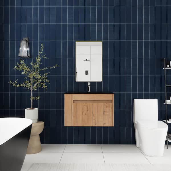 Unbranded 30 in. W x 18 in. D x 20 in. H Wall Mounted Single Sink Bath Vanity in Imitative Oak with Black Ceramic Top