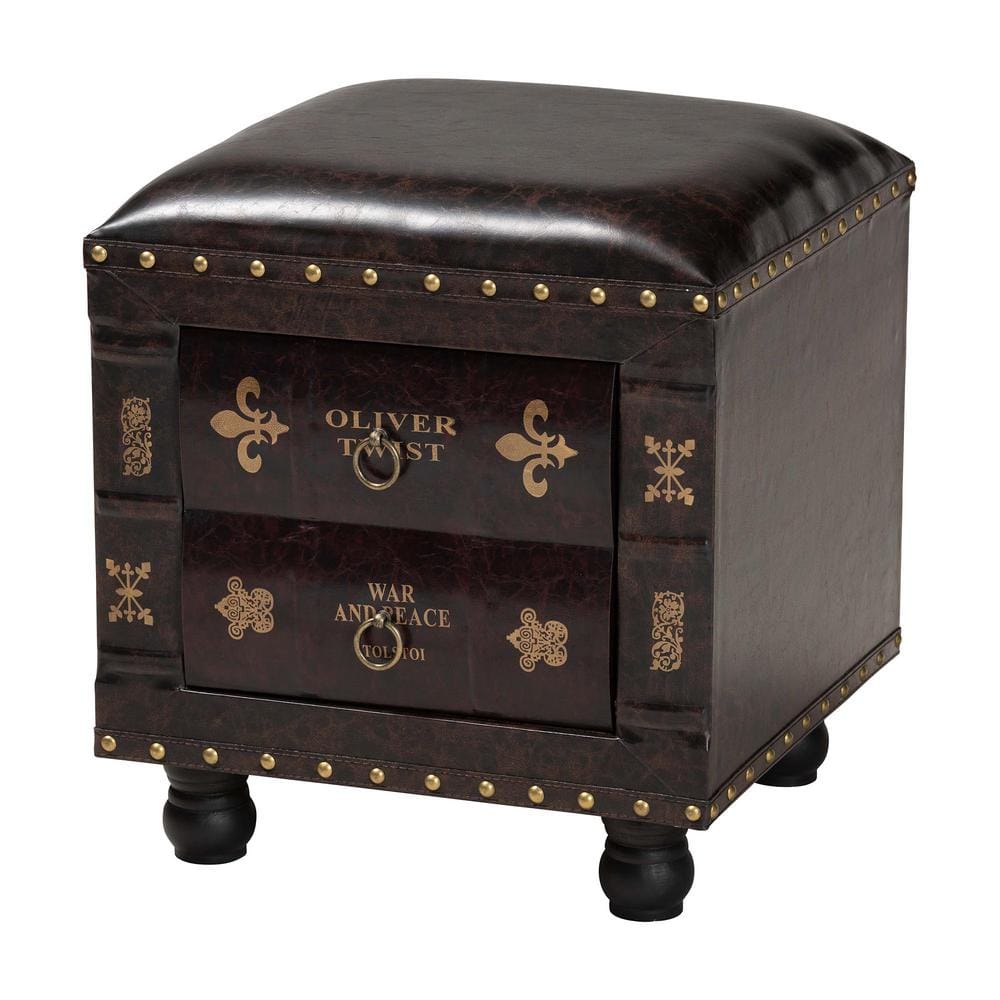 Charlier Rustic Dark Brown Faux Leather Storage Ottoman with Book Spine Drawer