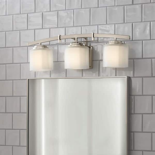 Hampton Bay Architecture 3-Light Brushed Nickel Vanity Light with Etched White Glass Shades For Bathroom