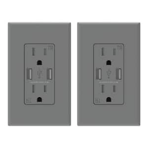4 Amp USB Dual Type A In-Wall Charger with 15 Amp Duplex Tamper Resistant Outlet, Wall Plate Included, Grey (2-Pack)