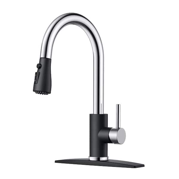 FORIOUS Single-Handle Kitchen Faucet with Pull Down Sprayer High-Arc Kitchen Sink Faucet with Deck Plate in Black Chrome