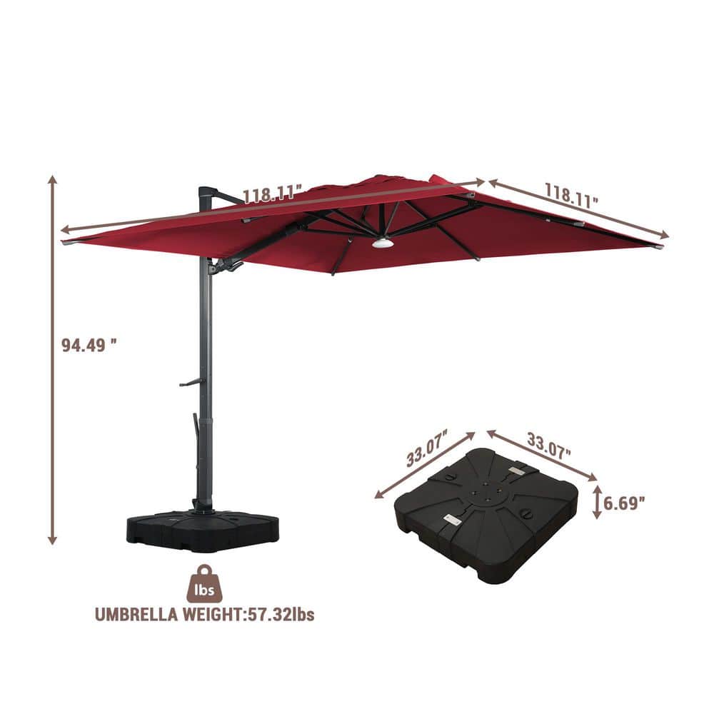 10 ft Red Square Aluminum Cantilever Patio Umbrella with Bluetooth LED Light